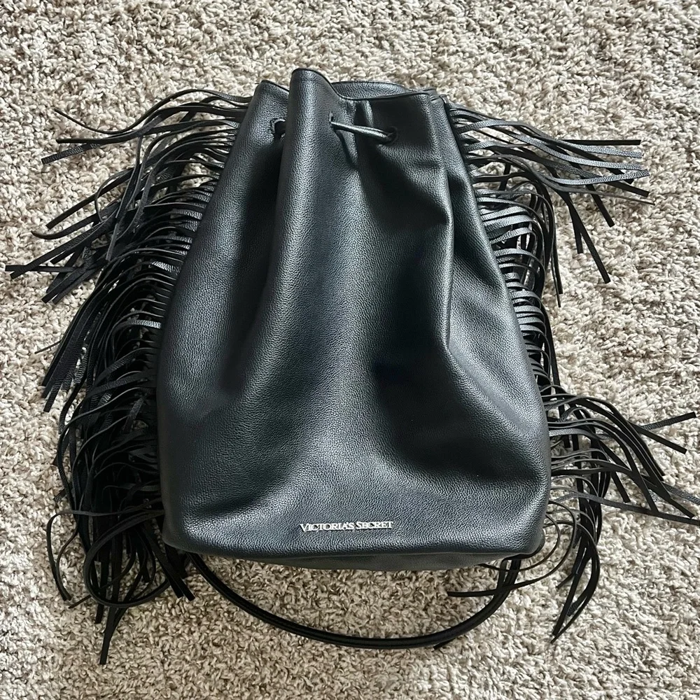 Victoria’s Secret Limited Edition Black Vegan Leather Drawstring Fringe Backpack